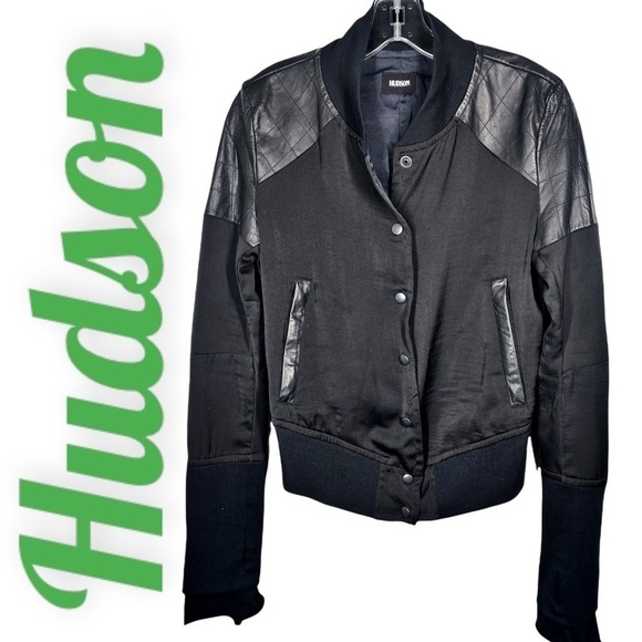 HUDSON Black Silky Quilted Varsity Bomber Jacket, Genuine Leather Trim, 34 - Picture 1 of 11